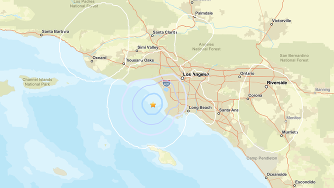 A look at how far the shaking was felt from the earthquake's center, which is notated with a star.